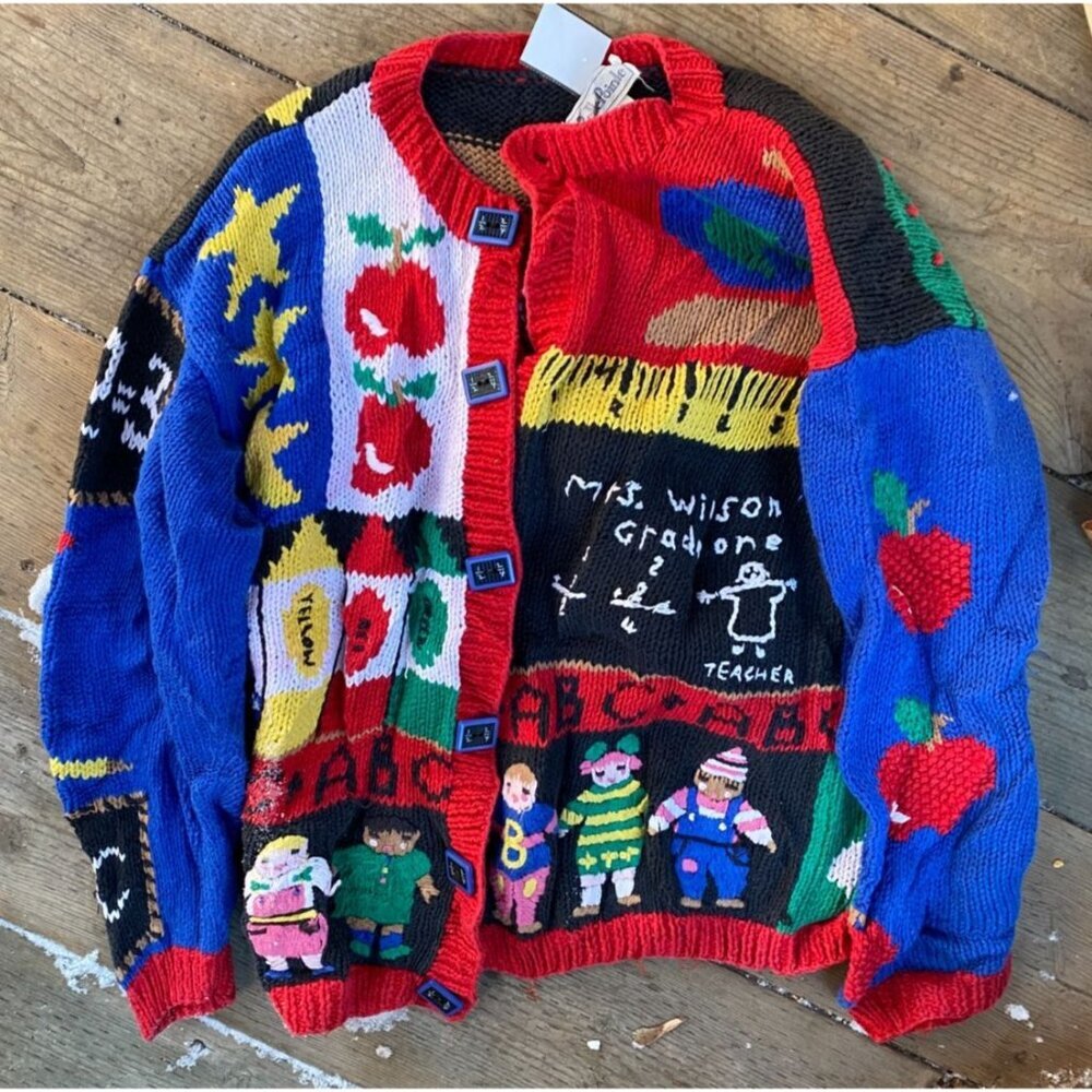 Vintage Belle Pointe School Teacher Classroom Students Cardigan Size L Sweater